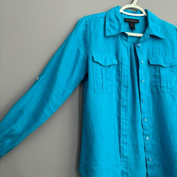 INC International Concepts Size 0 Blue Linen Long Sleeve Button Down - Picture 8 of 13